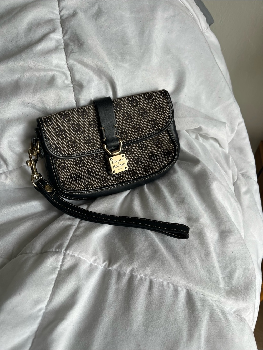 Dooney & Bourke Brown and Black Logo Wristlet with Gold Hardware